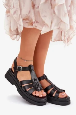 Damskie Boto Eko Skórzane Sandały Damskie Na Platformie Czarne Nendales