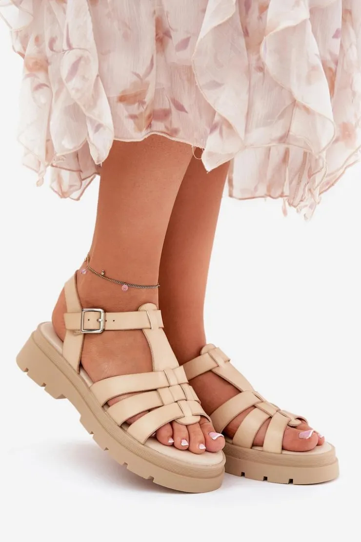 Boto Sandały Płaskie*Eko Skórzane Sandały Damskie Na Platformie Beżowe Nendales Beżowy