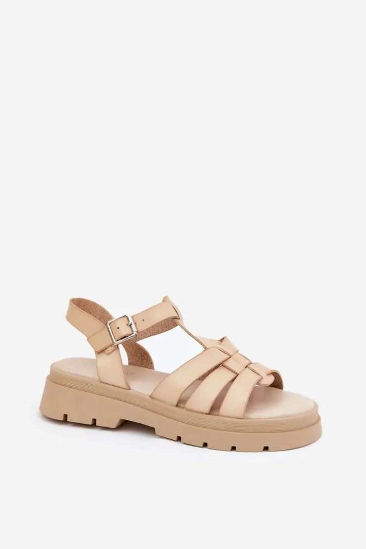 Boto Sandały Płaskie*Eko Skórzane Sandały Damskie Na Platformie Beżowe Nendales Beżowy