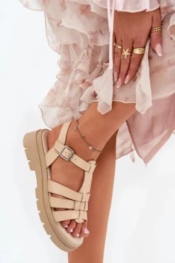 Boto Sandały Płaskie*Eko Skórzane Sandały Damskie Na Platformie Beżowe Nendales Beżowy