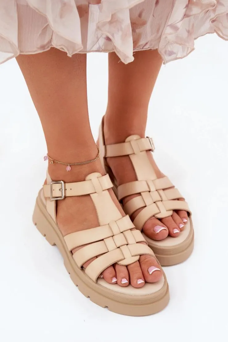 Boto Sandały Płaskie*Eko Skórzane Sandały Damskie Na Platformie Beżowe Nendales Beżowy