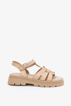 Boto Sandały Płaskie*Eko Skórzane Sandały Damskie Na Platformie Beżowe Nendales Beżowy