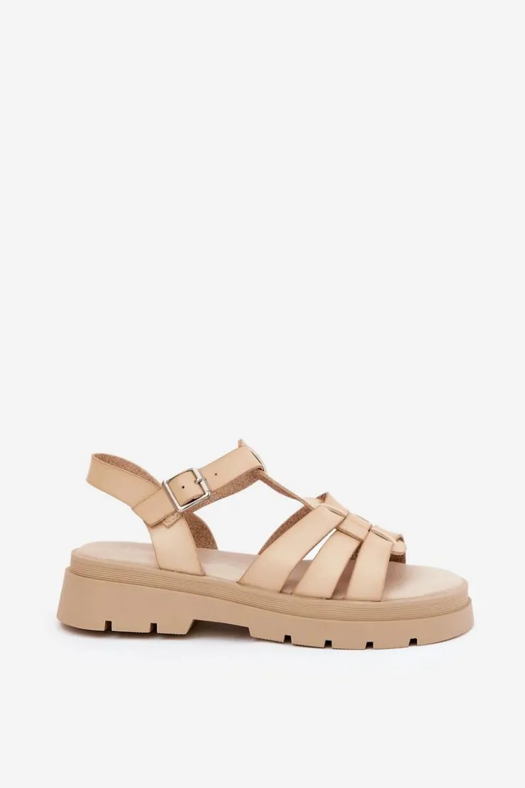 Boto Sandały Płaskie*Eko Skórzane Sandały Damskie Na Platformie Beżowe Nendales Beżowy