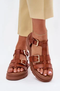 Damskie Evento Eko Skórzane Sandały Damskie Z Klamrami Camel Mireza