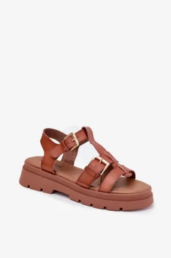 Damskie Evento Eko Skórzane Sandały Damskie Z Klamrami Camel Mireza