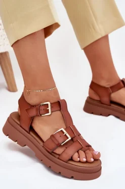 Damskie Evento Eko Skórzane Sandały Damskie Z Klamrami Camel Mireza