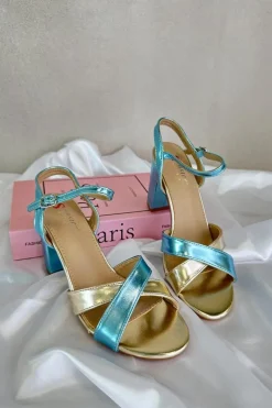 Best Boto Eko Skórzane Sandały Na Obcasie Słupku Niebiesko-Złote Abilica Niebieski