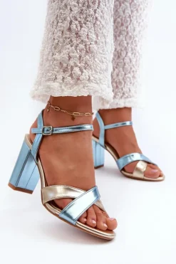 Best Boto Eko Skórzane Sandały Na Obcasie Słupku Niebiesko-Złote Abilica Niebieski