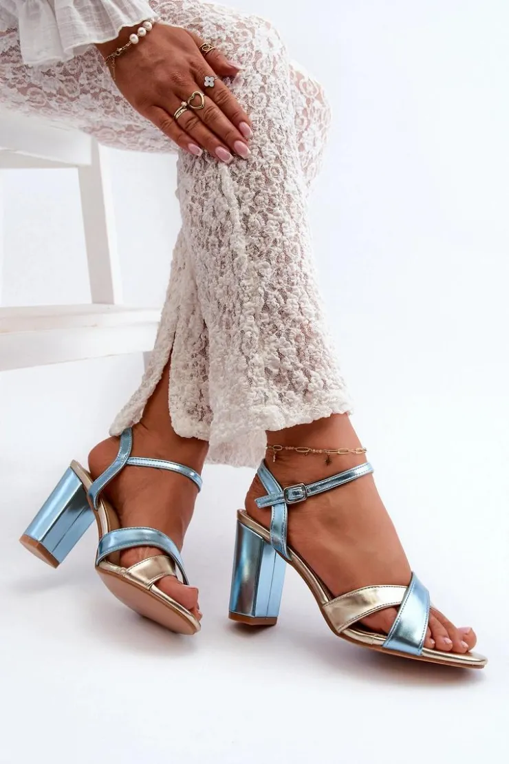 Best Boto Eko Skórzane Sandały Na Obcasie Słupku Niebiesko-Złote Abilica Niebieski