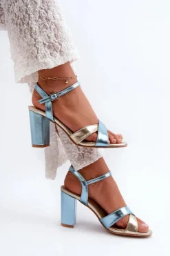 Best Boto Eko Skórzane Sandały Na Obcasie Słupku Niebiesko-Złote Abilica Niebieski