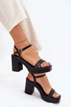 Damskie Boto Eko Skórzane Sandały Na Słupku Czarne Lillita