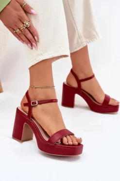 Boto Sandały Na Słupku|Sandały Na Obcasie*Eko Skórzane Sandały Na Słupku Bordowe Lillita Czerwony