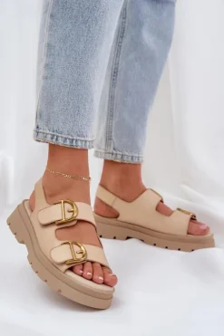 Damskie Boto Eko Skórzane Sandały Z Klamrami Beżowe Vulinea