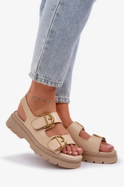 Damskie Boto Eko Skórzane Sandały Z Klamrami Beżowe Vulinea