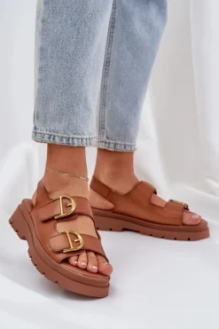 Boto Sandały Płaskie*Eko Skórzane Sandały Z Klamrami Camel Vulinea