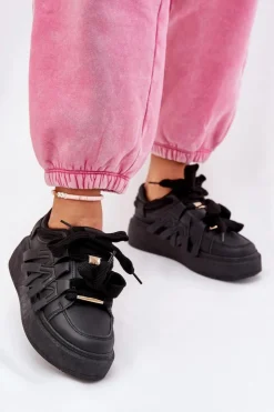 Damskie Boto Eko Skórzane Sneakersy Na Platformie Czarne Penolle