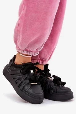 Damskie Boto Eko Skórzane Sneakersy Na Platformie Czarne Penolle