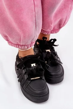 Damskie Boto Eko Skórzane Sneakersy Na Platformie Czarne Penolle