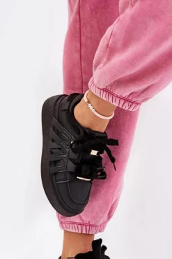 Damskie Boto Eko Skórzane Sneakersy Na Platformie Czarne Penolle