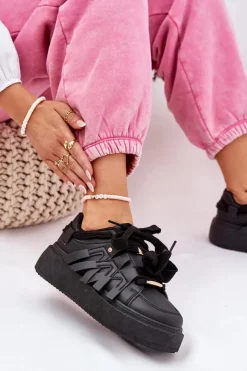 Damskie Boto Eko Skórzane Sneakersy Na Platformie Czarne Penolle