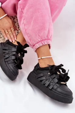 Damskie Boto Eko Skórzane Sneakersy Na Platformie Czarne Penolle