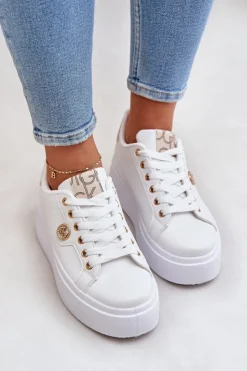 Damskie Boto Eko Skórzane Sneakersy Na Platformie Ze Złotym Detalem Biało-Beżowe Zingie