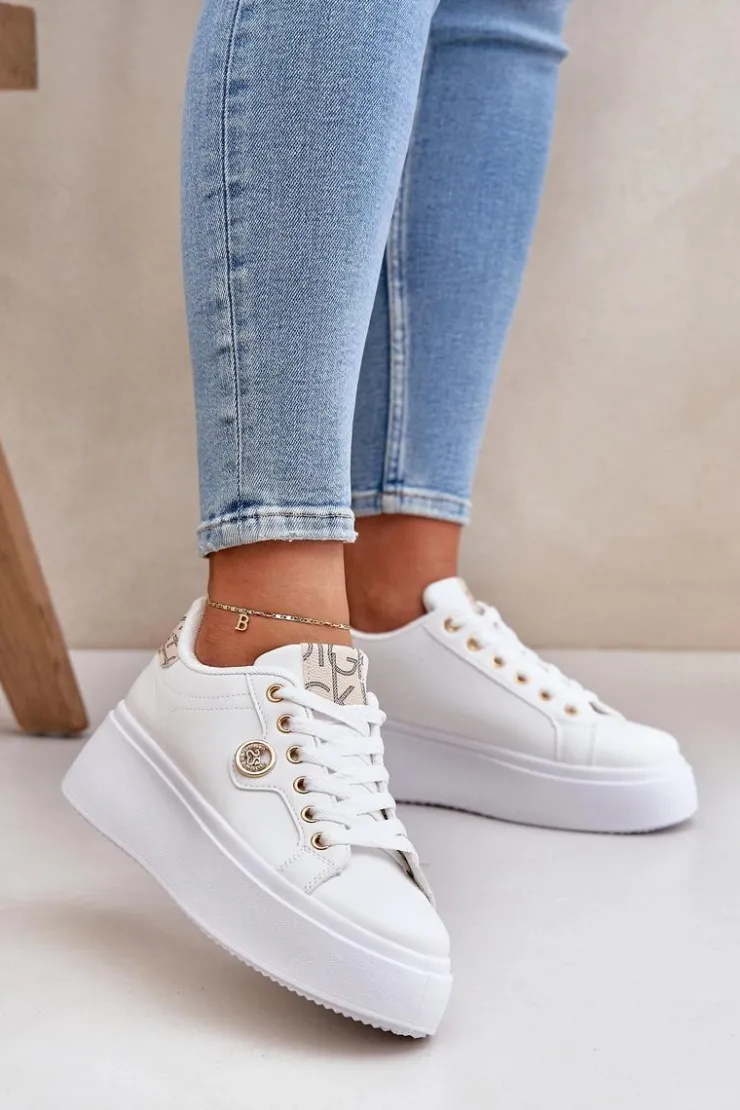 Damskie Boto Eko Skórzane Sneakersy Na Platformie Ze Złotym Detalem Biało-Beżowe Zingie