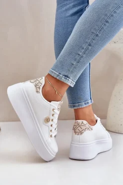 Damskie Boto Eko Skórzane Sneakersy Na Platformie Ze Złotym Detalem Biało-Beżowe Zingie