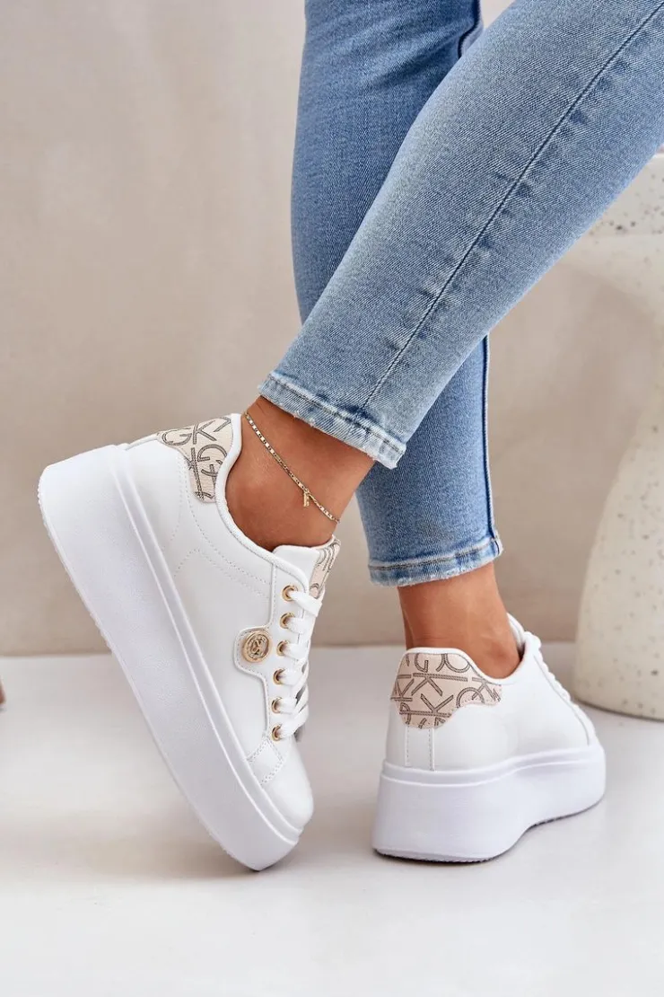 Damskie Boto Eko Skórzane Sneakersy Na Platformie Ze Złotym Detalem Biało-Beżowe Zingie