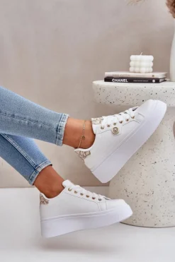 Damskie Boto Eko Skórzane Sneakersy Na Platformie Ze Złotym Detalem Biało-Beżowe Zingie