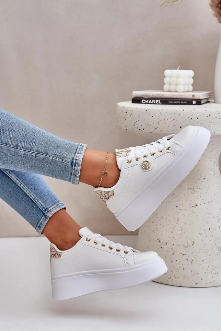 Damskie Boto Eko Skórzane Sneakersy Na Platformie Ze Złotym Detalem Biało-Beżowe Zingie