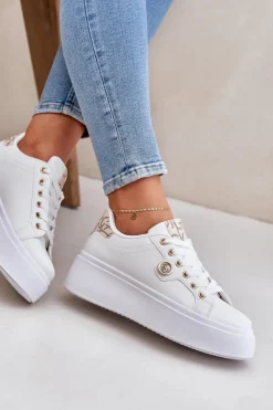 Damskie Boto Eko Skórzane Sneakersy Na Platformie Ze Złotym Detalem Biało-Beżowe Zingie