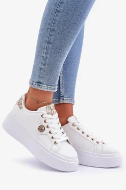 Damskie Boto Eko Skórzane Sneakersy Na Platformie Ze Złotym Detalem Biało-Beżowe Zingie