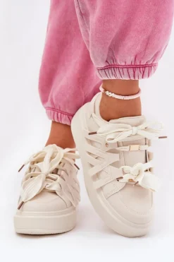 Boto Buty Sportowe Na Platformie|Sneakersy Damskie*Eko Skórzane Sneakersy Na Platformie Beżowe Penolle Beżowy