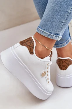 Discount Boto Eko Skórzane Sneakersy Na Platformie Ze Złotym Detalem Biało-Brązowe Zingie