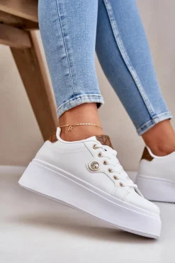 Discount Boto Eko Skórzane Sneakersy Na Platformie Ze Złotym Detalem Biało-Brązowe Zingie