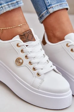 Discount Boto Eko Skórzane Sneakersy Na Platformie Ze Złotym Detalem Biało-Brązowe Zingie