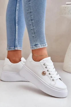 Damskie Boto Eko Skórzane Sneakersy Na Platformie Ze Złotym Detalem Białe Zingie