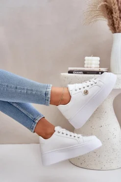 Damskie Boto Eko Skórzane Sneakersy Na Platformie Ze Złotym Detalem Białe Zingie