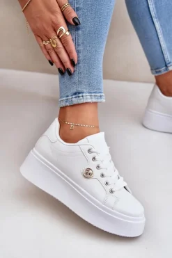 Damskie Boto Eko Skórzane Sneakersy Na Platformie Ze Złotym Detalem Białe Zingie