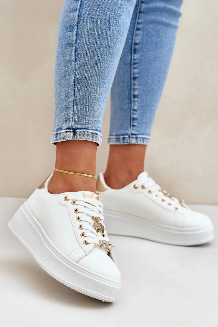 Boto Buty Sportowe Na Platformie|Sneakersy Damskie*Eko Skórzane Sneakersy Z Przypinkami Biało-Złote Enalirae