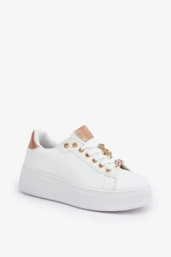 Boto Buty Sportowe Na Platformie|Sneakersy Damskie*Eko Skórzane Sneakersy Z Przypinkami Biało-Złote Enalirae