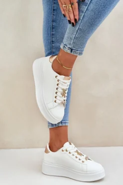 Boto Buty Sportowe Na Platformie|Sneakersy Damskie*Eko Skórzane Sneakersy Z Przypinkami Biało-Złote Enalirae