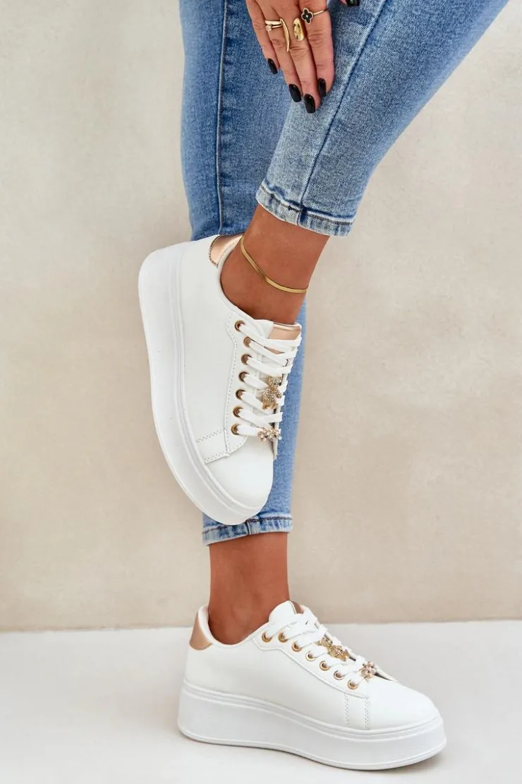 Boto Buty Sportowe Na Platformie|Sneakersy Damskie*Eko Skórzane Sneakersy Z Przypinkami Biało-Złote Enalirae