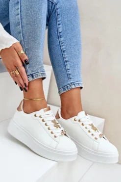 Boto Buty Sportowe Na Platformie|Sneakersy Damskie*Eko Skórzane Sneakersy Z Przypinkami Biało-Złote Enalirae