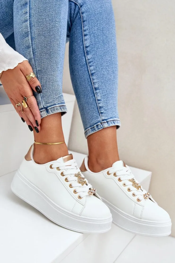 Boto Buty Sportowe Na Platformie|Sneakersy Damskie*Eko Skórzane Sneakersy Z Przypinkami Biało-Złote Enalirae