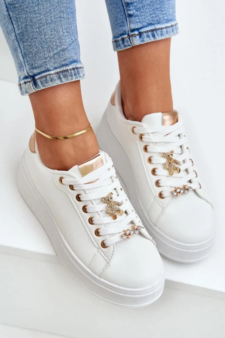 Boto Buty Sportowe Na Platformie|Sneakersy Damskie*Eko Skórzane Sneakersy Z Przypinkami Biało-Złote Enalirae