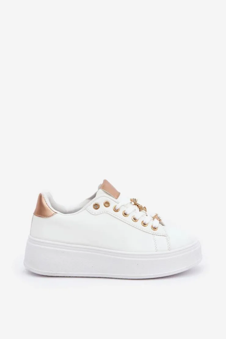 Boto Buty Sportowe Na Platformie|Sneakersy Damskie*Eko Skórzane Sneakersy Z Przypinkami Biało-Złote Enalirae