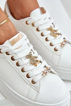 Boto Buty Sportowe Na Platformie|Sneakersy Damskie*Eko Skórzane Sneakersy Z Przypinkami Biało-Złote Enalirae