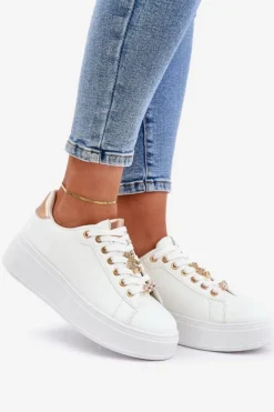 Boto Buty Sportowe Na Platformie|Sneakersy Damskie*Eko Skórzane Sneakersy Z Przypinkami Biało-Złote Enalirae